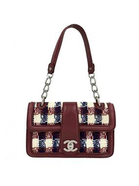 Chanel Shoulder Bag CC Logo Check Tweed Leather Red Silver